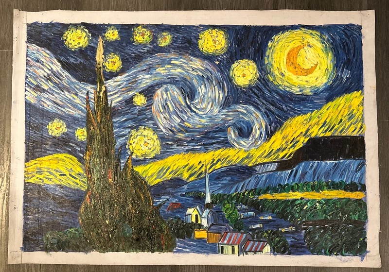 Hand-Painted Reproduction of «The Starry Night,» on Canvas Paper 27×39.