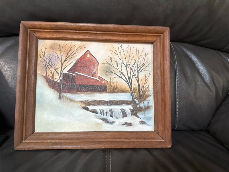 Vintage Original Oil Painting Signed J Baker 1976 Winter Barn Landscape Framed