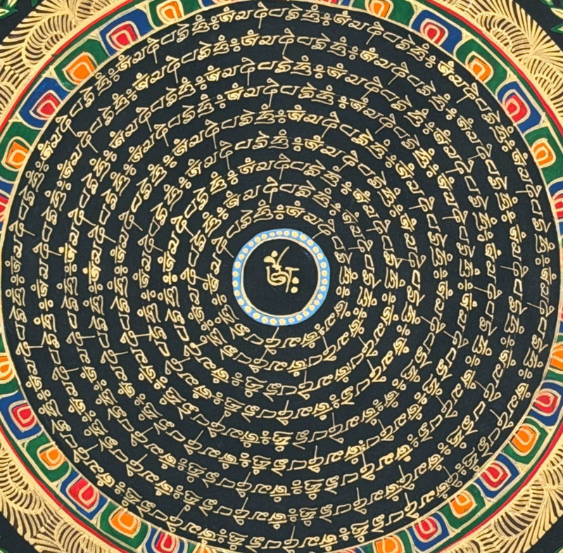 OM MANI PADME MANTRA MANDALA ORIGINAL TIBETAN THANGKA PAINTING WITH SILK BROCADE gallery