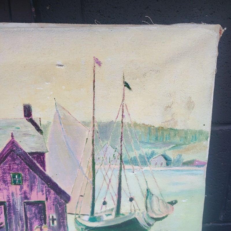 Painting Original Seaside Dock Ocean Boats Fisherman Impressionism Oil on Canvas gallery