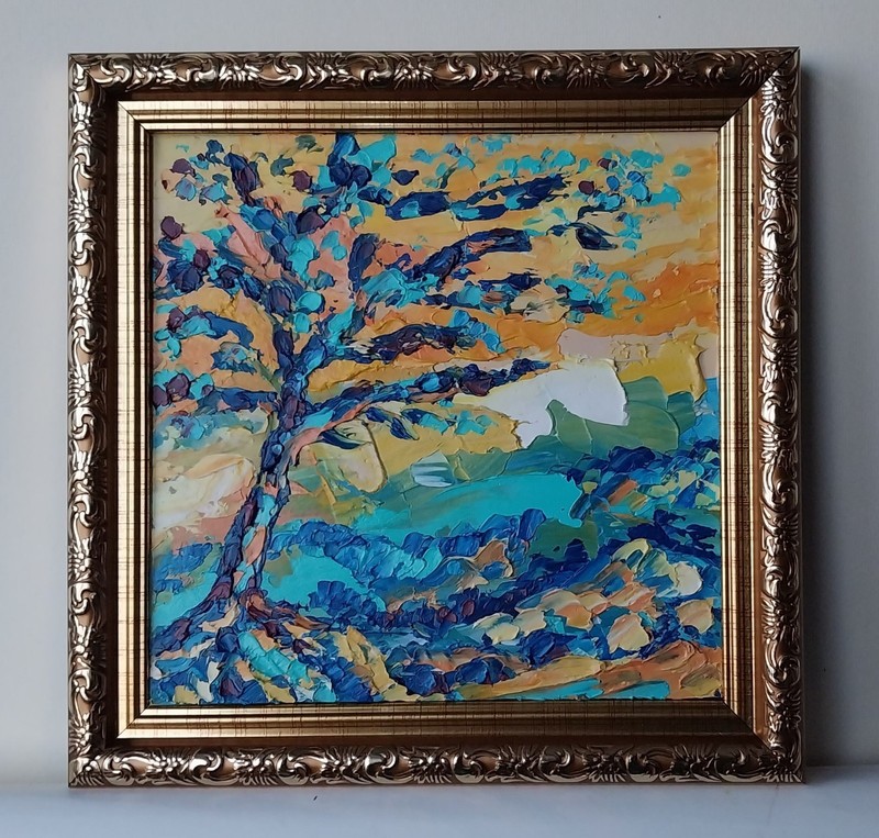 Framed Abstract Tree Landscape Lonely Tree Art 6x6 Impasto Oil Painting Original gallery