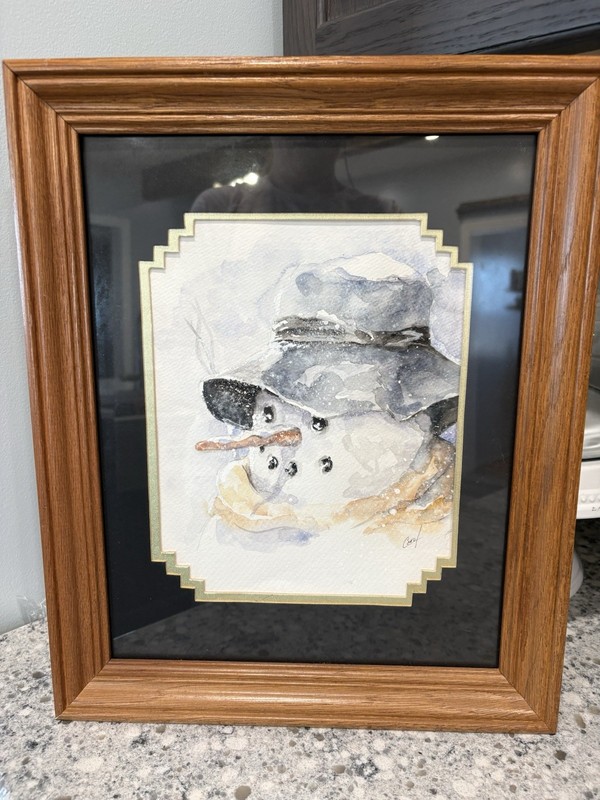 Watercolor Snowman Framed Signed Carol