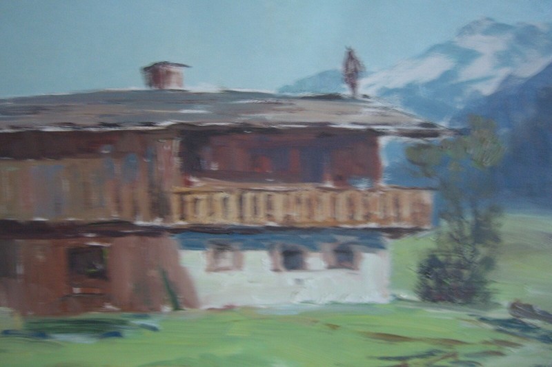 Oil Painting Circa 1940 Alps Berghof °Alm Spring Panorama Frame Antique Unsigned gallery