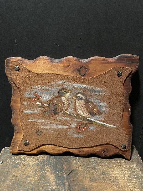 Hand Painted Birds On Suede Artist Signed 1976 Mounted On Wood Wall Hanging