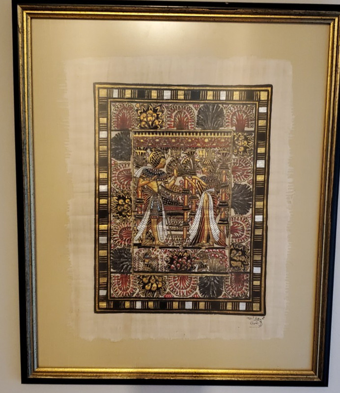 Egyptian papyrus painting, King Tut Wedding signed