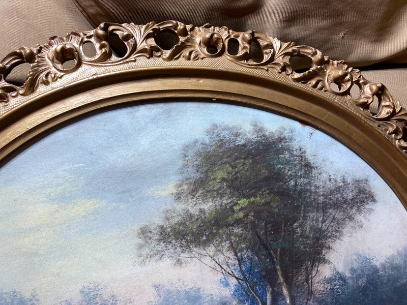 Stunning Antique Oval "Cabin In Forest Landscape Scene" Pastel Painting - Framed gallery