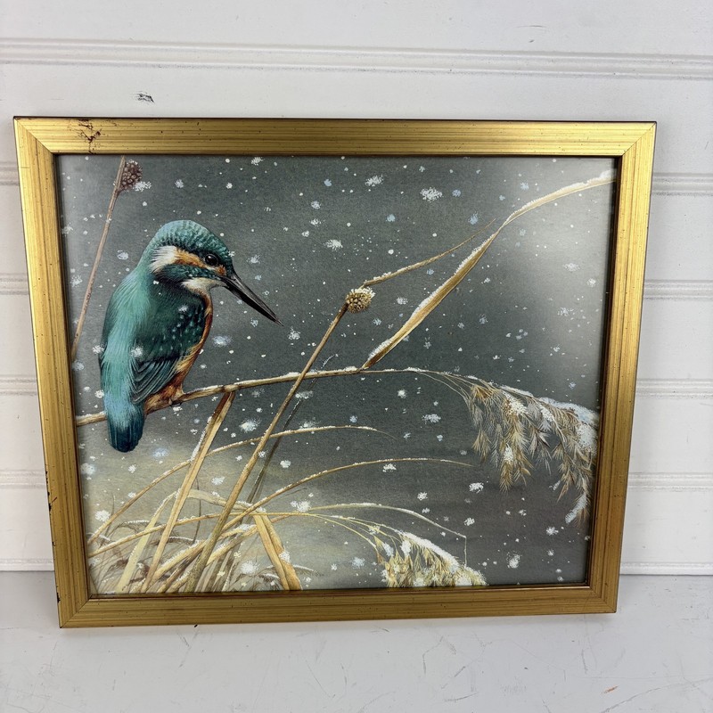 Vintage Kingfisher Bird Print Gold Framed Winter Snowy Reeds Wall Art Decor