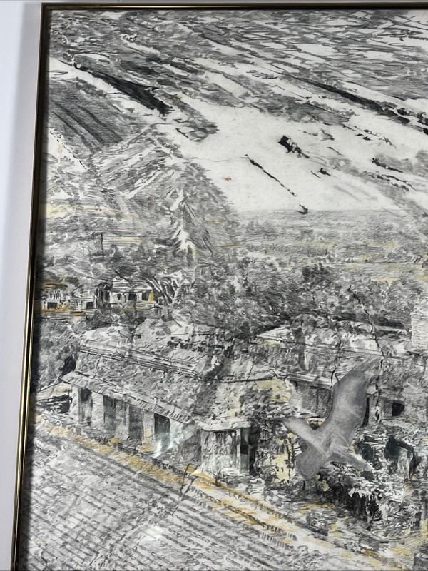 HAWAII ABSTRACT GRAPHITE PAINTING "CRANES FLYING over PALACE" by JEFF DUNN gallery