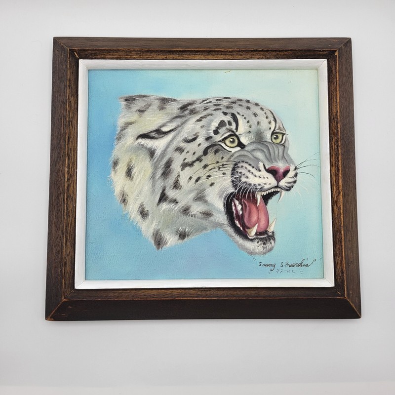 Vintage Leopard Paintings Pair Original Signed Mahogany Frames SAMMY S. BUENDIA gallery