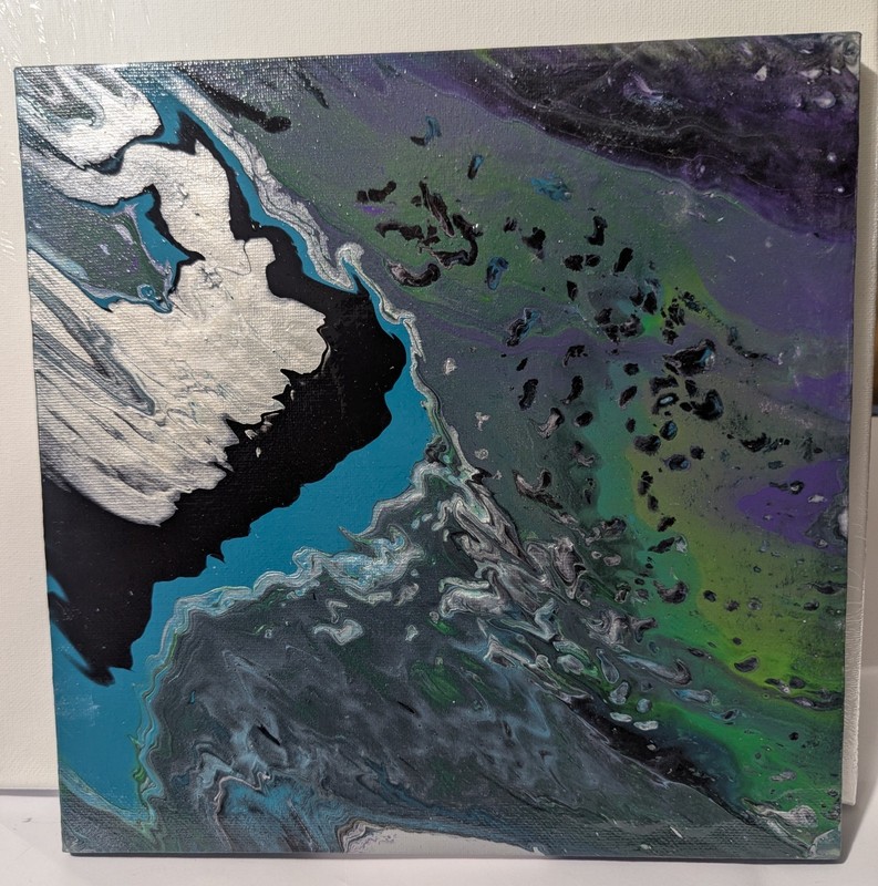 Abstract Fluid Pour Painting 10 X 10 Canvas Home Acrylic Art Purple Black Silver