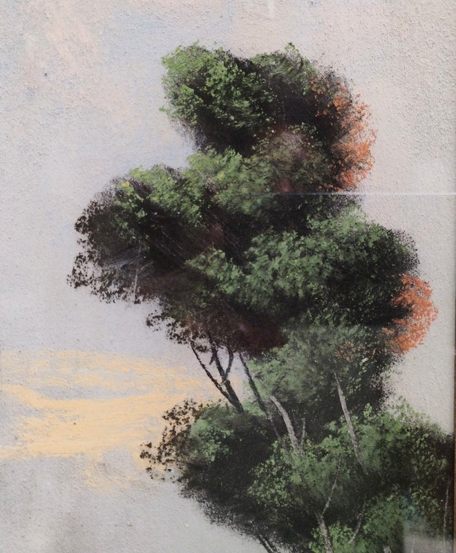 VTG Forest Landscape Painting With A Cabin On A Riverside Framed 25X13 gallery