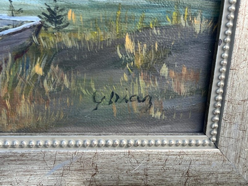 Oil Painting Rural Lake Art Landscape Row Boat Trees Clouds Signed Yvonne Diaz gallery