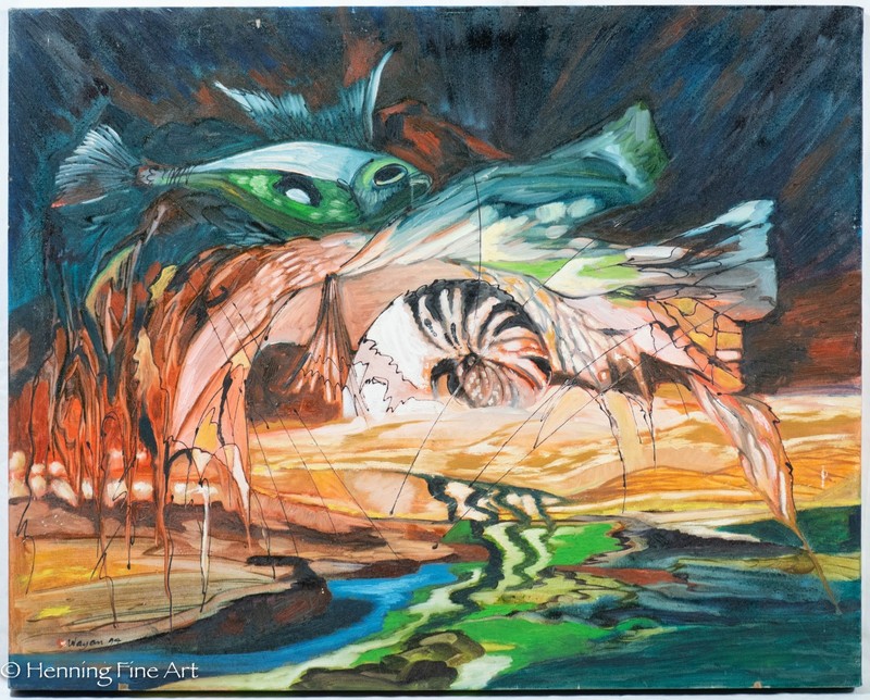 Abstract Expressionist Colorful Painting Underwater Sea Life Signed Wayan 24×30″