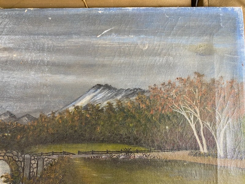 Antique J.V Burton "Stone Bridge And Landscape Scene" Oil On Canvas Painting gallery