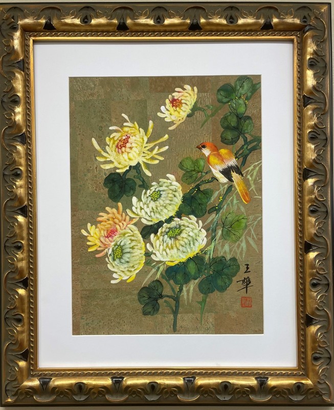 Dyen «Songbird » Hand Signed Original Painting on Cork Framed Asian Art NEW