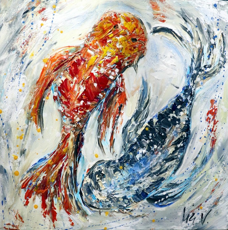 Original Koi Fish Painting 24x24 Textured Impasto Modern Abstract Wall Art