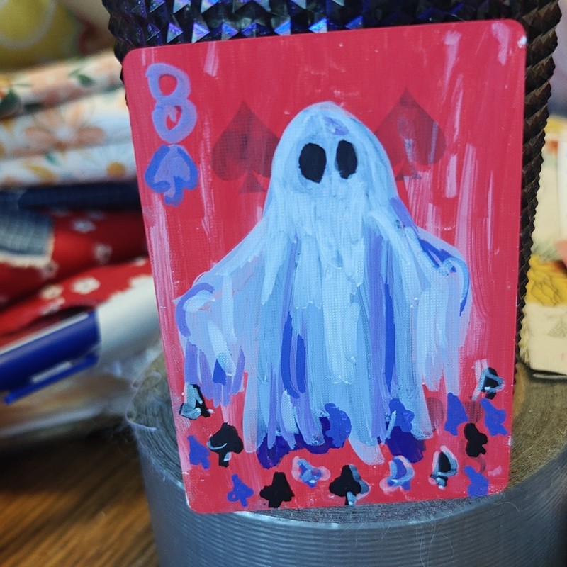 ACEO by Emily Meinert ghost painting on 8 of spades playing card halloween