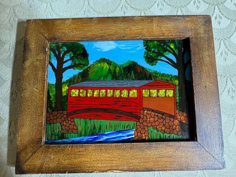 David W Gottshall (1942 – 2016) Folk Art Reverse Oil Foil Art «Covered Bridge»