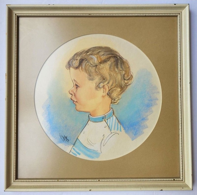Vintage Mid Century Child Portrait, Original Oil Pastel Drawing, Framed 17″ x 17