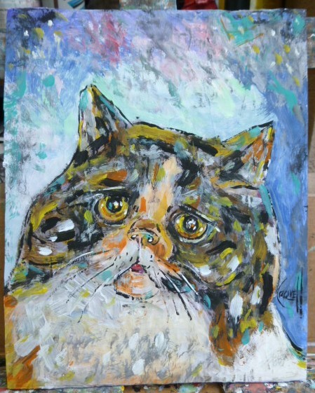 A HUNGRY CAT calico pet 8×10 Acrylic painting card panel original signed Crowell