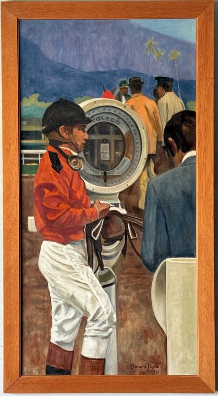 BERNARD FLYNN VINTAGE HORSE RACING OIL PAINTING FAMOUS JOCKEY LAFFIT PINCAY 1975