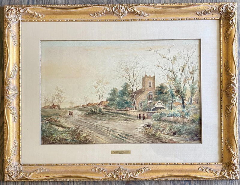 Antique English Watercolor Signed R.P. Bonington Village Church Horse Carriage
