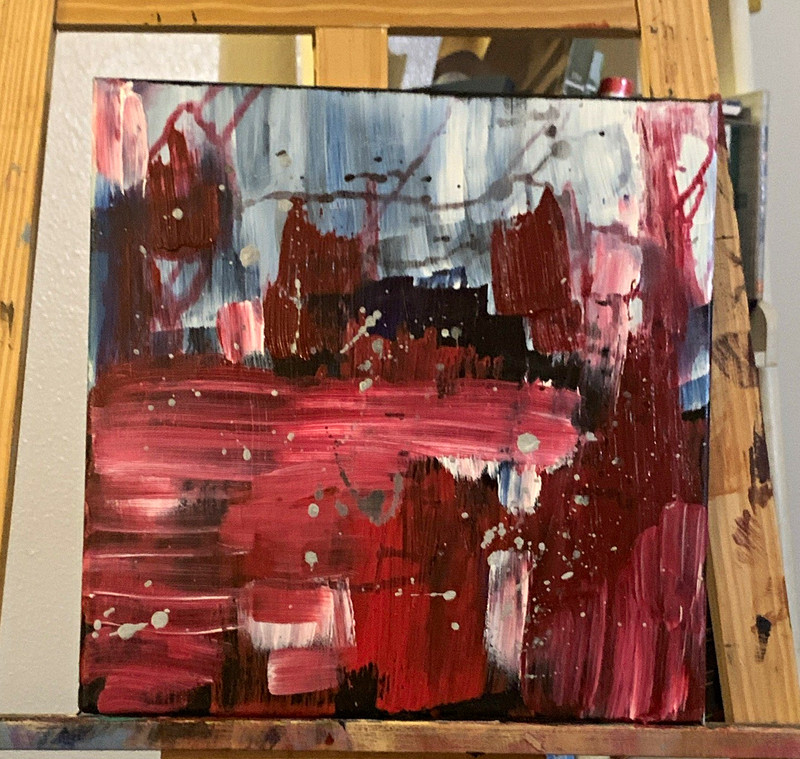 Abstract Canvas Painting, Red/Burgundy Blue & Gray, Unframed Single Piece