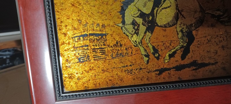 Original Rare JACK WHITE Gold Leaf "Echruseos" Painting "Bucking Bronco" Signed gallery