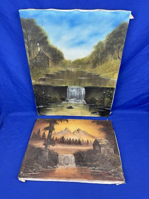 2 Vintage Oil Paintings by R. Chadborn ~ Lake Falls & Cabin ~ CAMP, LODGE DECOR