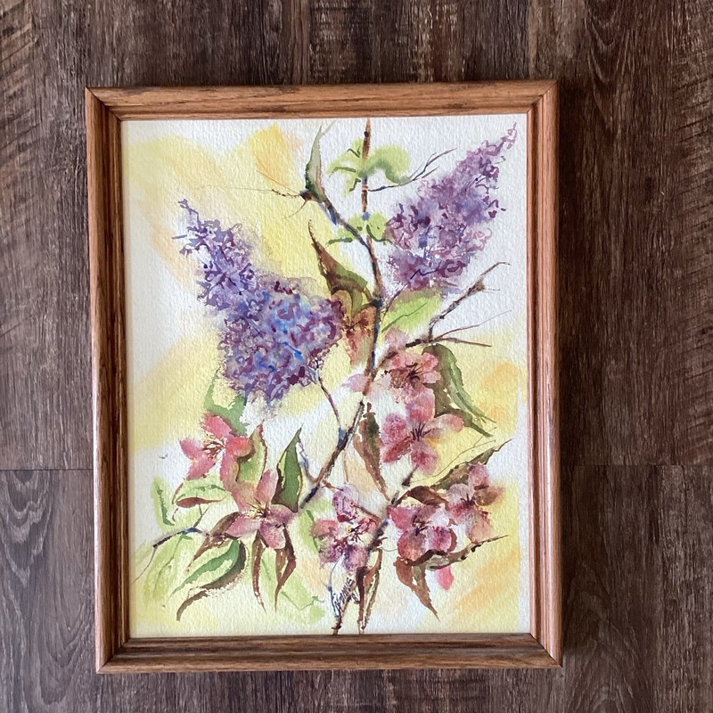 Watercolor Vibrant Flowers & Lilacs Framed Botanical Artist Signed Cottagecore