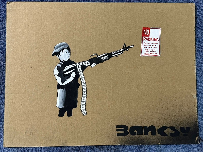 banksy drawing and painting on cardboard signed stamped vintage GRAFFITI