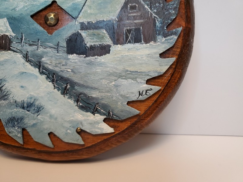 Vintage Hand Painted 7.5 in Saw Blade Mounted on 9 X 9 inch Round Wood Plaque gallery