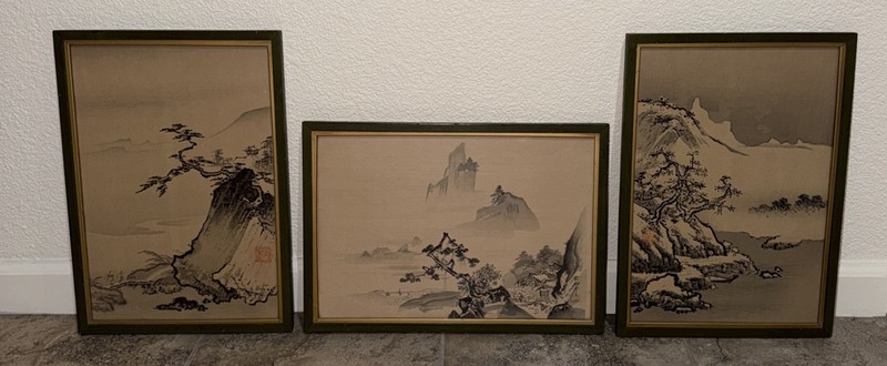 3 Antique Japanese Ink Wash Wall Hanging Art Painting Framed 12×17 Inch