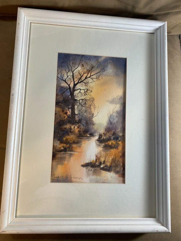 Carrie O’Quinn «Evening River Landscape Scene» Watercolor Painting-Signed/Framed