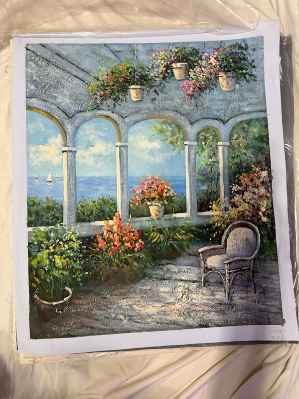 Original Mediterranean Garden Terrace Oil Painting Seaside View Vintage Art