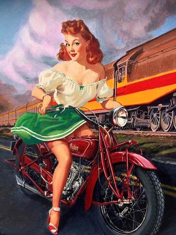 VANCAS pinup CENTRAL PACIFIC 49’er Streamline Train Pin-up 30s INDIAN MOTORCYCLE