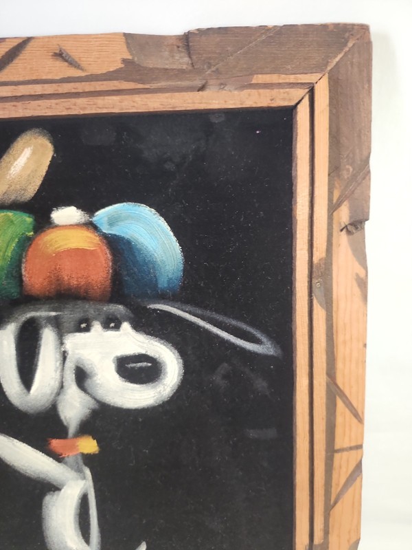 Vintage Peanuts Snoopy Black Velvet Painting Carved Wood Frame Baseball 17 x14 gallery