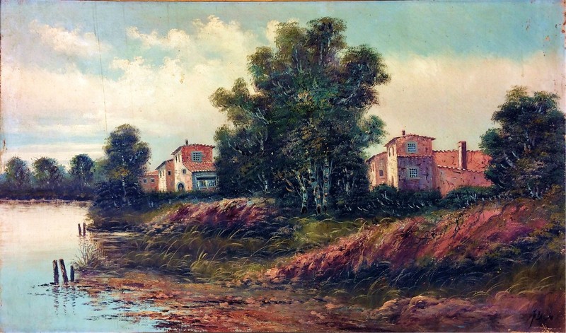 LANDSCAPE AND MILLS. OIL ON CANVAS. F (FRANCISCO?) BLASCO. SPAIN. CIRCA 1850