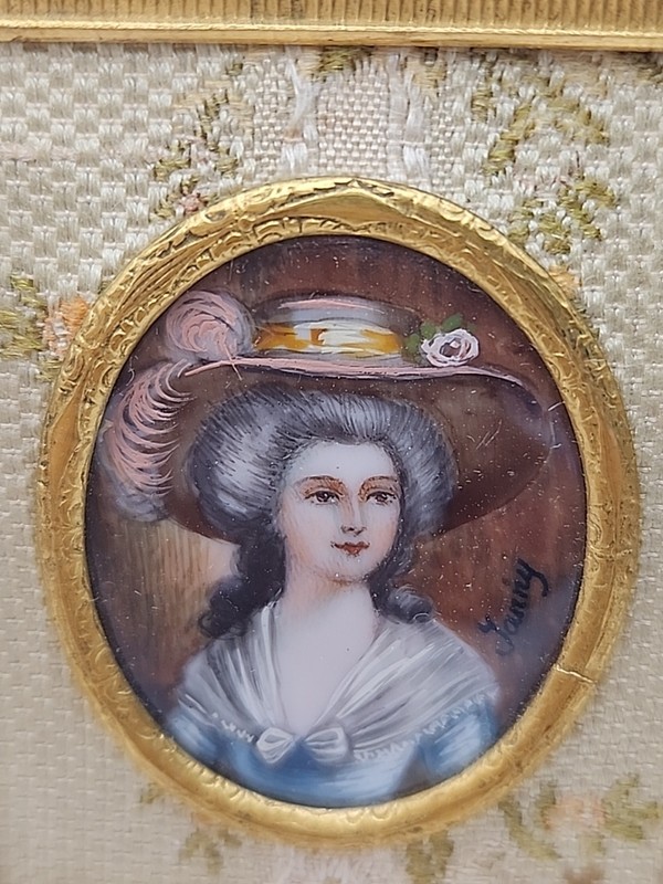 French Miniature Portrait 19th Century Hand Painted Lady By Yanny Brass Frame