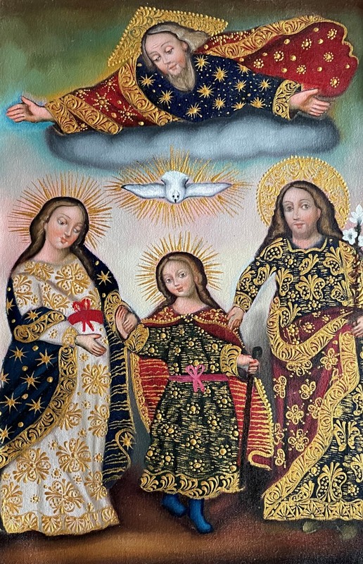 Sacred Family Original Painting Oil on Canvas Cusco School 7 3/8 x 11 1/4