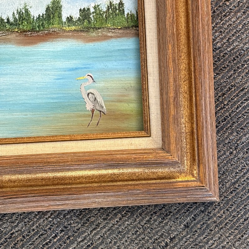 Vintage Framed Beach Landscape Painting Art Coastal Crane Fishing Wall Decor gallery