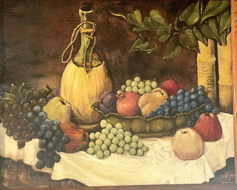 Vtg Org ‘62 Still Life Fruit Chianti Apples Grapes Oil Signed OCH Frame 19”x23”