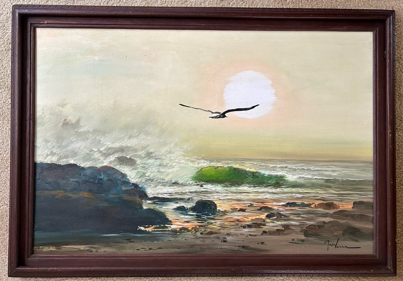 Seascape Coast Ocean Waves Seagull Soaring Oil Painting Canvas Signed 40” x 28” gallery