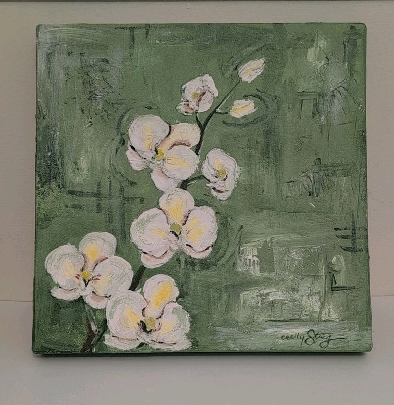 Vintage Textured Hand Painted Flower On Canvas Artist Signed Wall Art 14″ X 14″
