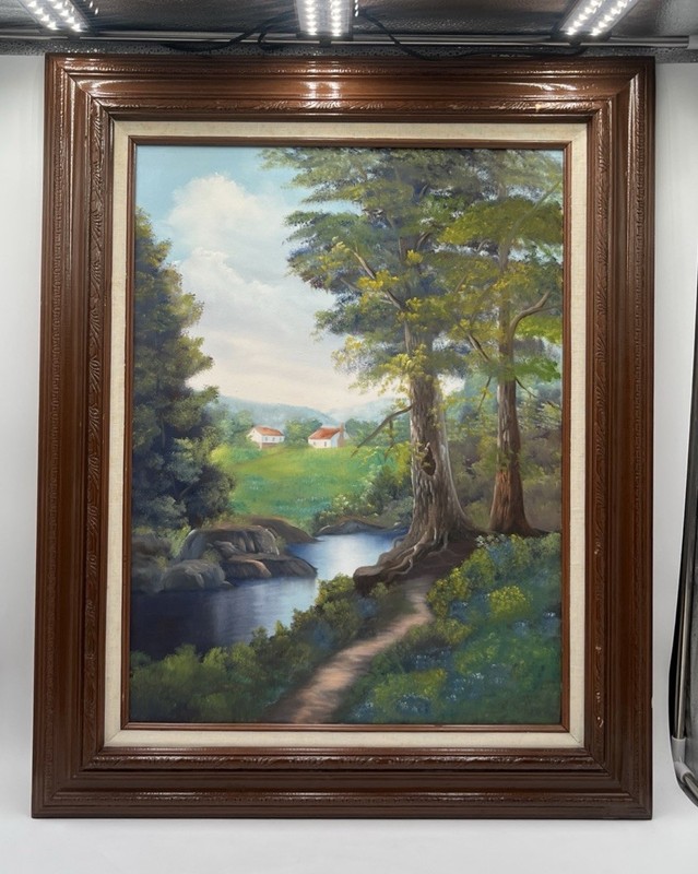 VTG FRAMED OIL ON CANVAS PAINTING Wooded Countryside River Scene Bob Ross Style