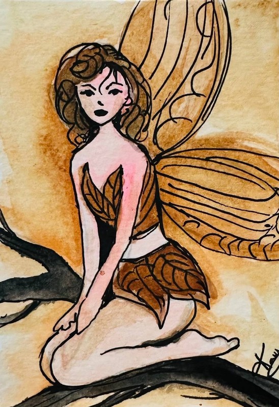 Brown Fairy Watercolor Painting Original ACEO Fantasy Girl Miniature Art OOAK