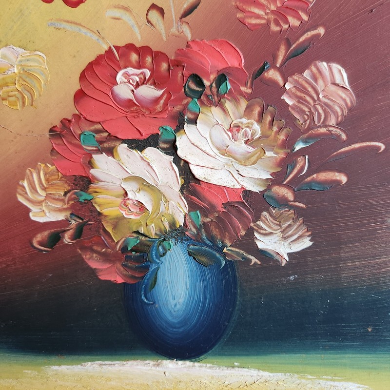 painting-flowers in vase 9 x 10, vintage plastic frame, vibrant colors gallery
