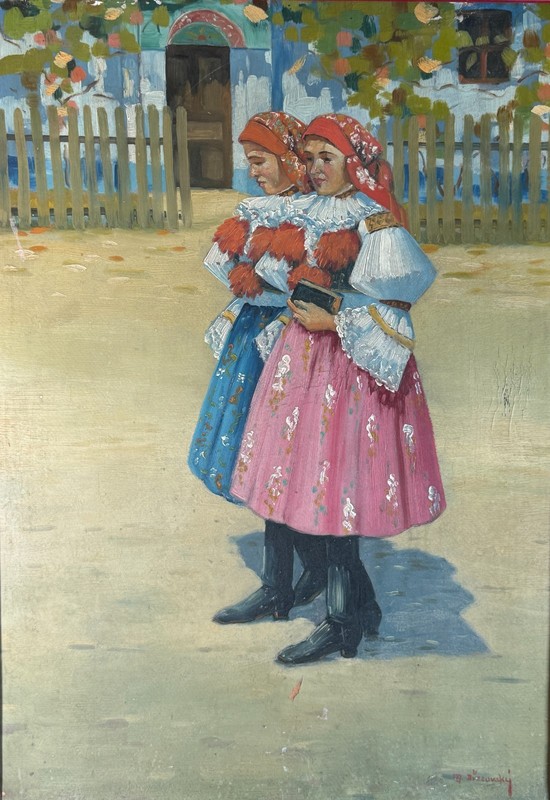 Oil Painting Czech Slave XXth – Young Girls In Traditional Costume Signed