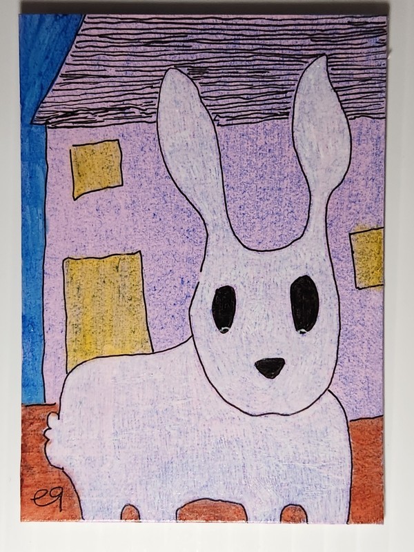e9Art ACEO bunny visitor outsider art brut naive
