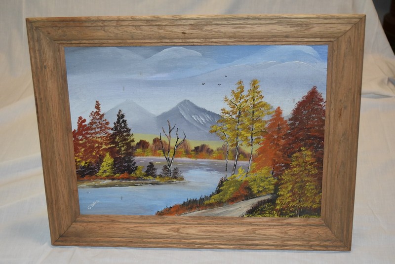 Vintage Original FRAMED OIL PAINTING AUTUMN FALL River & Lake HILLS USA SIGNED